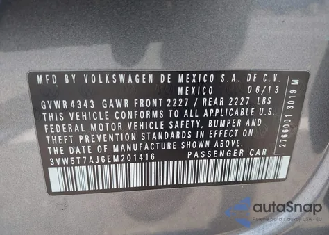 2014 Volkswagen Jetta Gli z USA, uszkodzony, nr VIN 3VW5T7AJ6EM201416